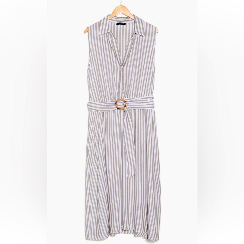 Tahari Striped Sleeveless Belted Dress